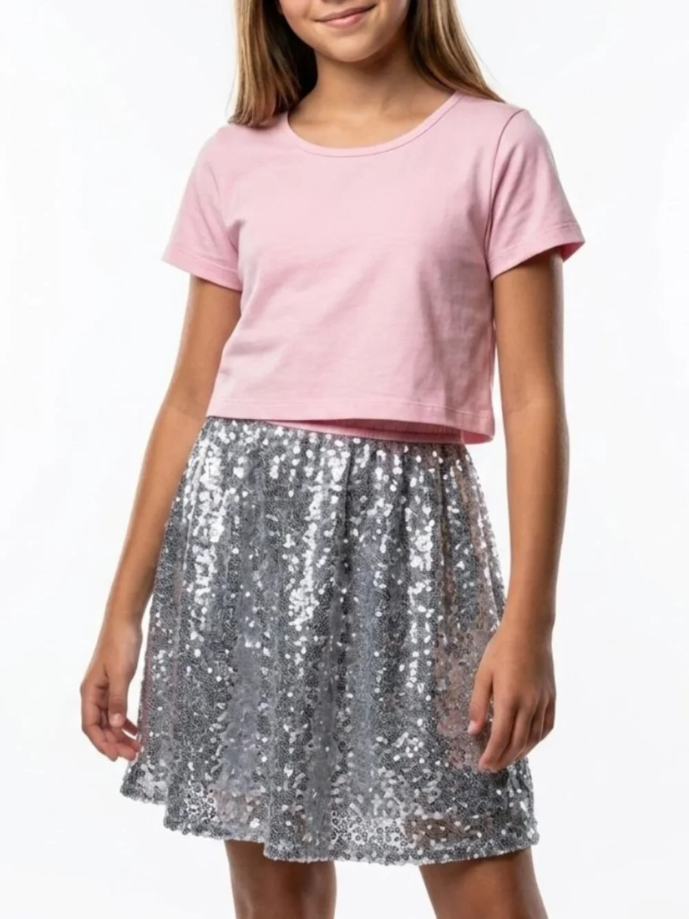 GAP Kids Y2K Layered Sequin Dress Pink Silver Crop Tee Mini Size L 12